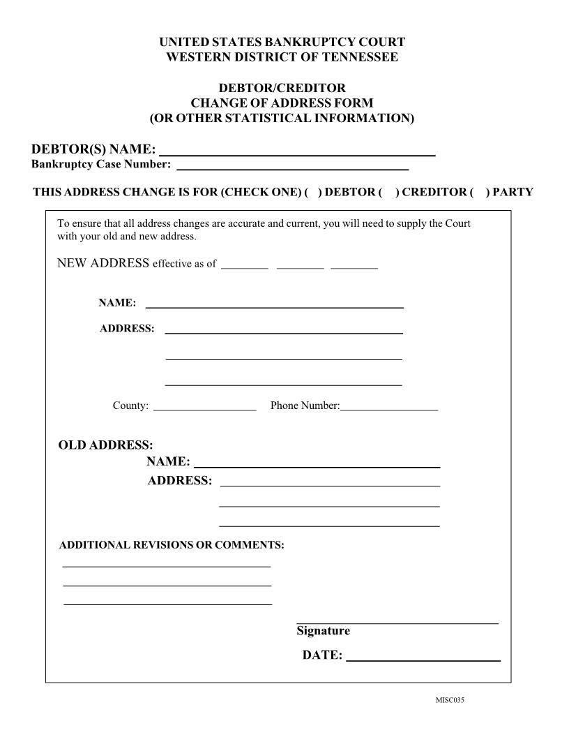 Debtor Or Creditor Change Of Address Form {MISC035} | Pdf Fpdf Doc Docx | Tennessee