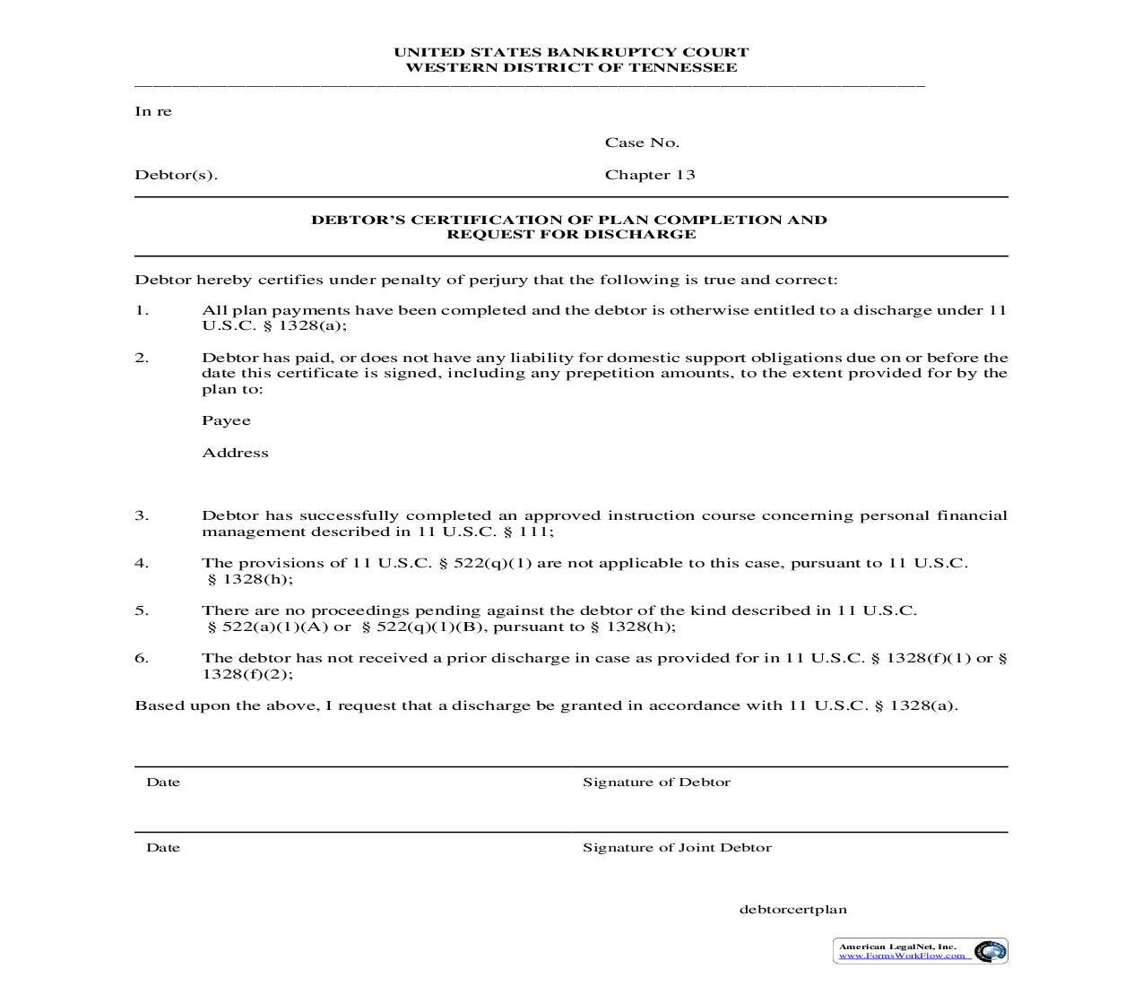 Debtors Certification Of Plan Completion And Request For Discharge {MISC054} | Pdf Fpdf Doc Docx | Tennessee