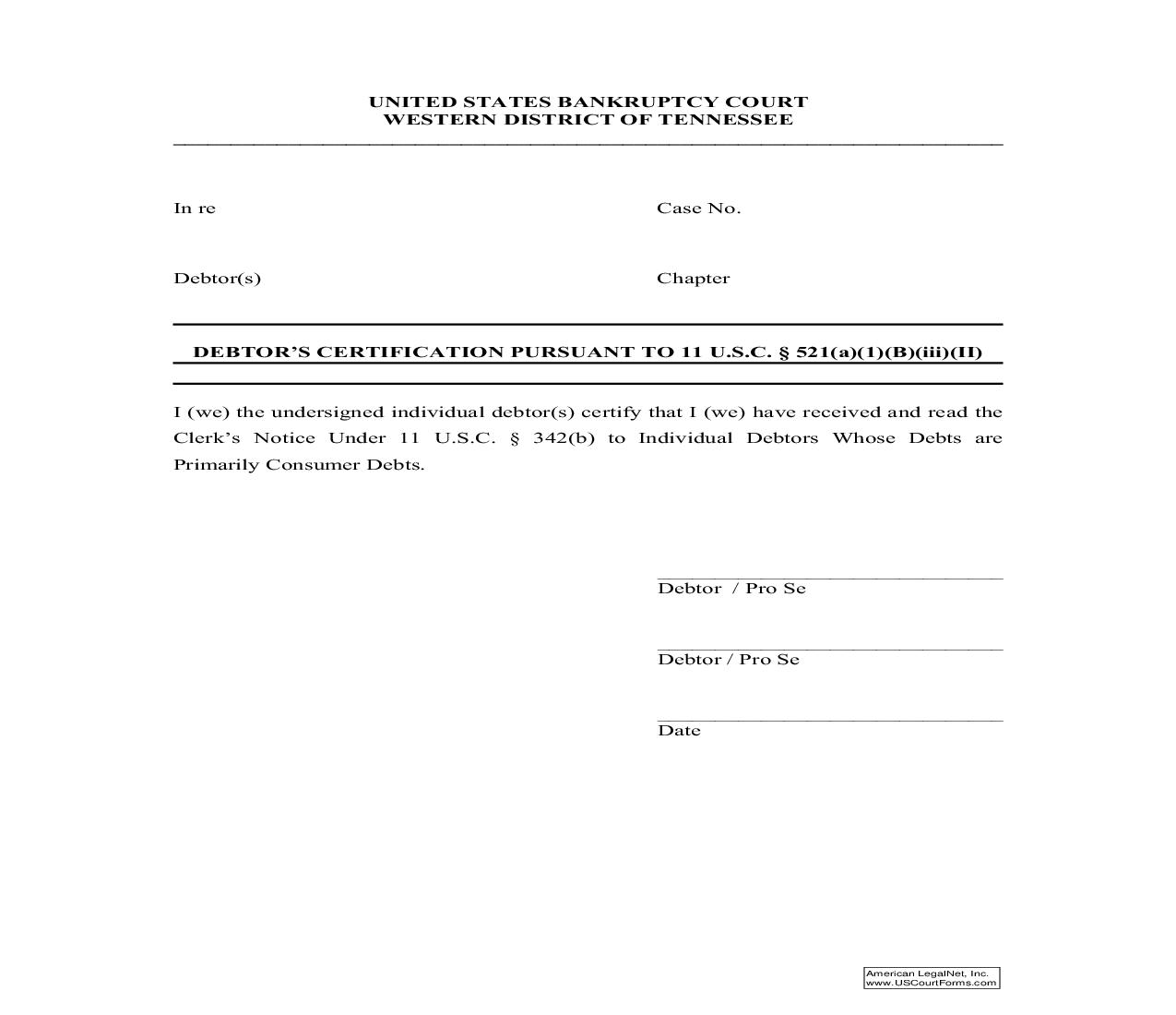Debtors Certification Pursuant To 11 USC Section 521(a)(1)(B)(iii)(II) {MISC052} | Pdf Fpdf Doc Docx | Tennessee