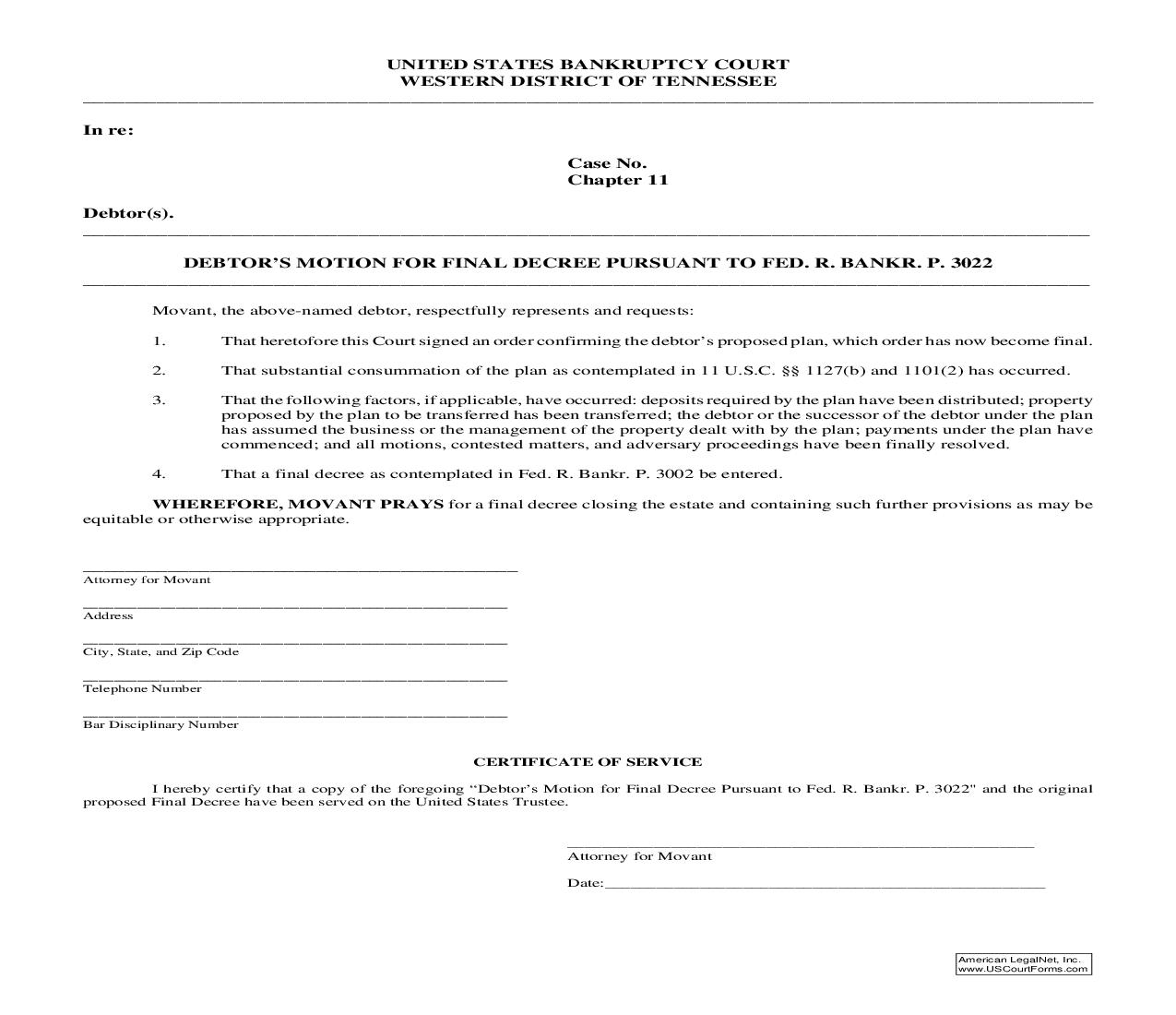 Debtors Motion For Final Decree Pursuant To Fed. R. Bankr. P. 3022 {LF016} | Pdf Fpdf Doc Docx | Tennessee