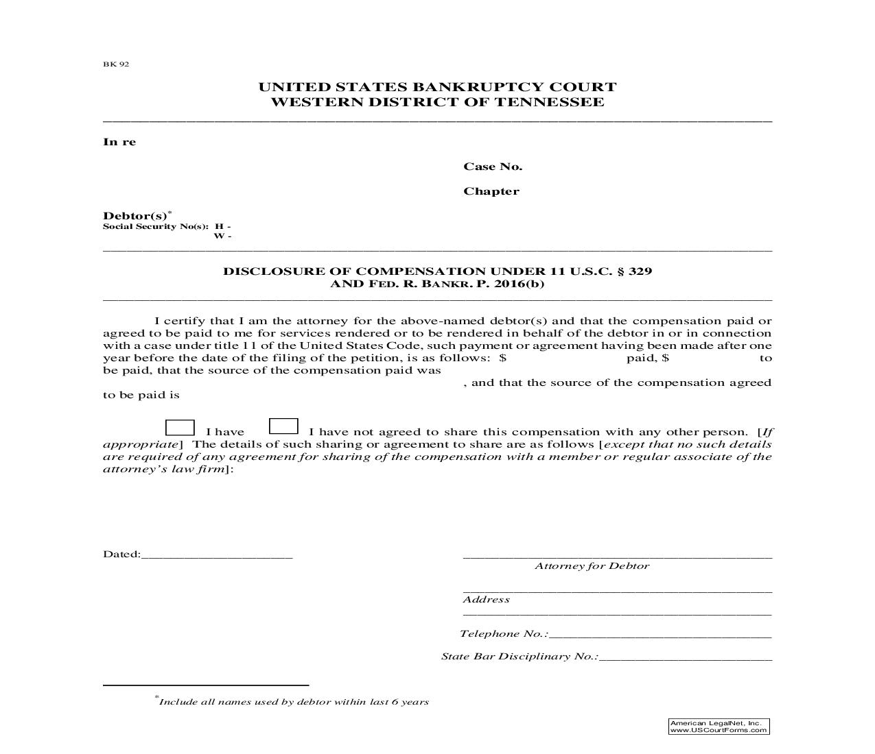Disclosure Of Compensation Under 11 USC Section 329 And Fed. R. Bankr. P. 2016(b) {MISC029} | Pdf Fpdf Doc Docx | Tennessee