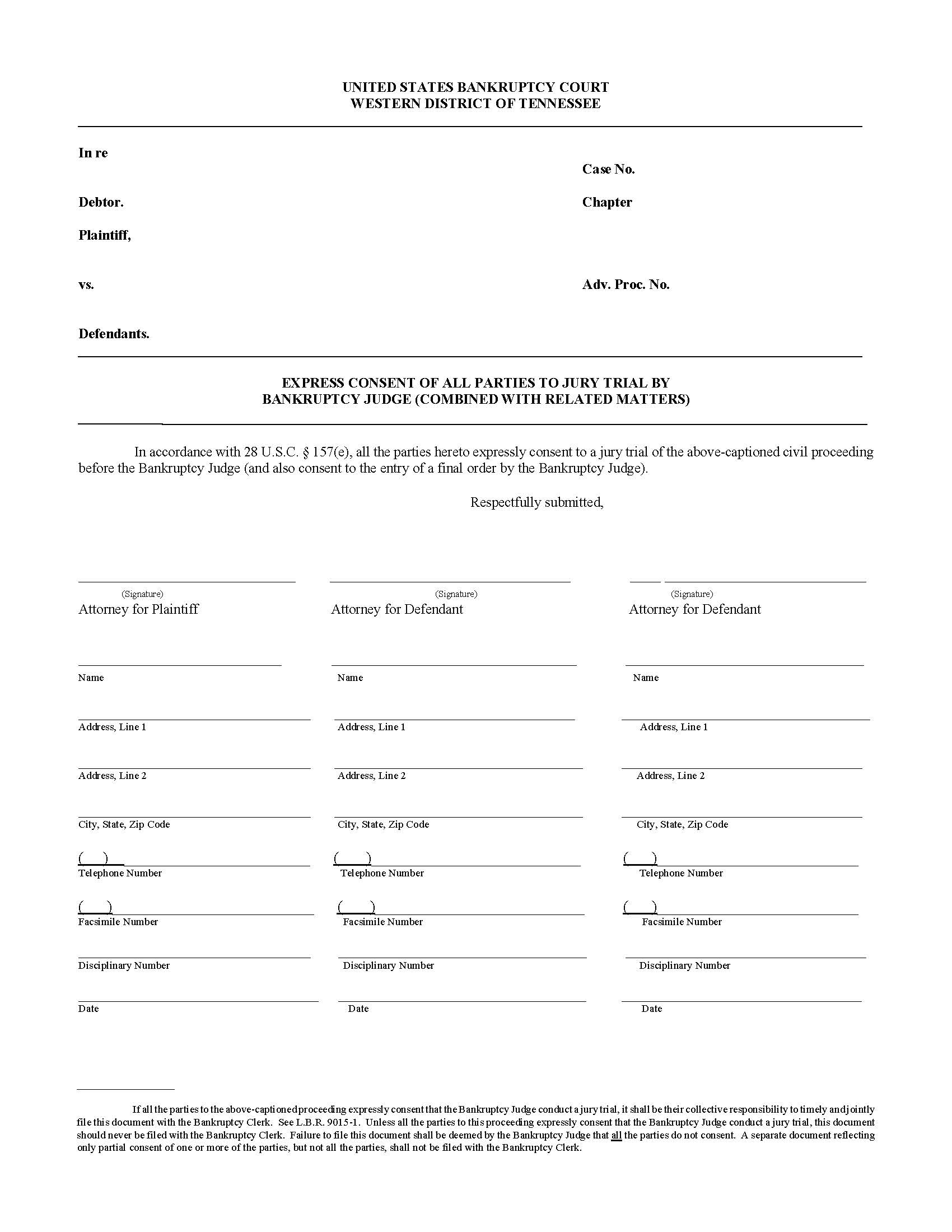 Express Consent Of All Parties To Jury Trial By Bankruptcy Judge Combined With Related Matters {LF018} | Pdf Fpdf Doc Docx | Tennessee