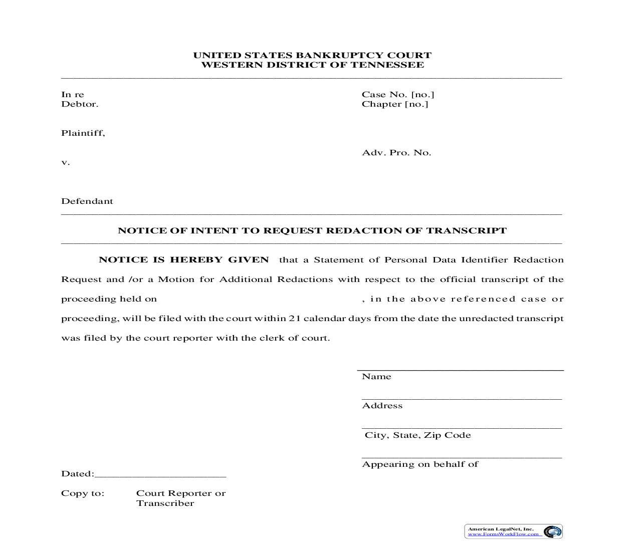 Notice Of Intent To Request Redaction Of Transcript {MISC056} | Pdf Fpdf Doc Docx | Tennessee
