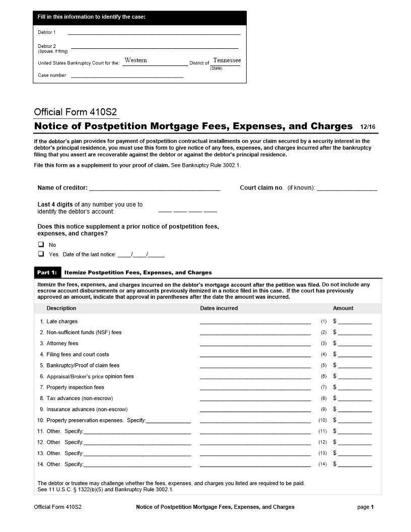 Notice Of Postpetition Mortgage Fees {AOB410S2} | Pdf Fpdf Docx | Tennessee