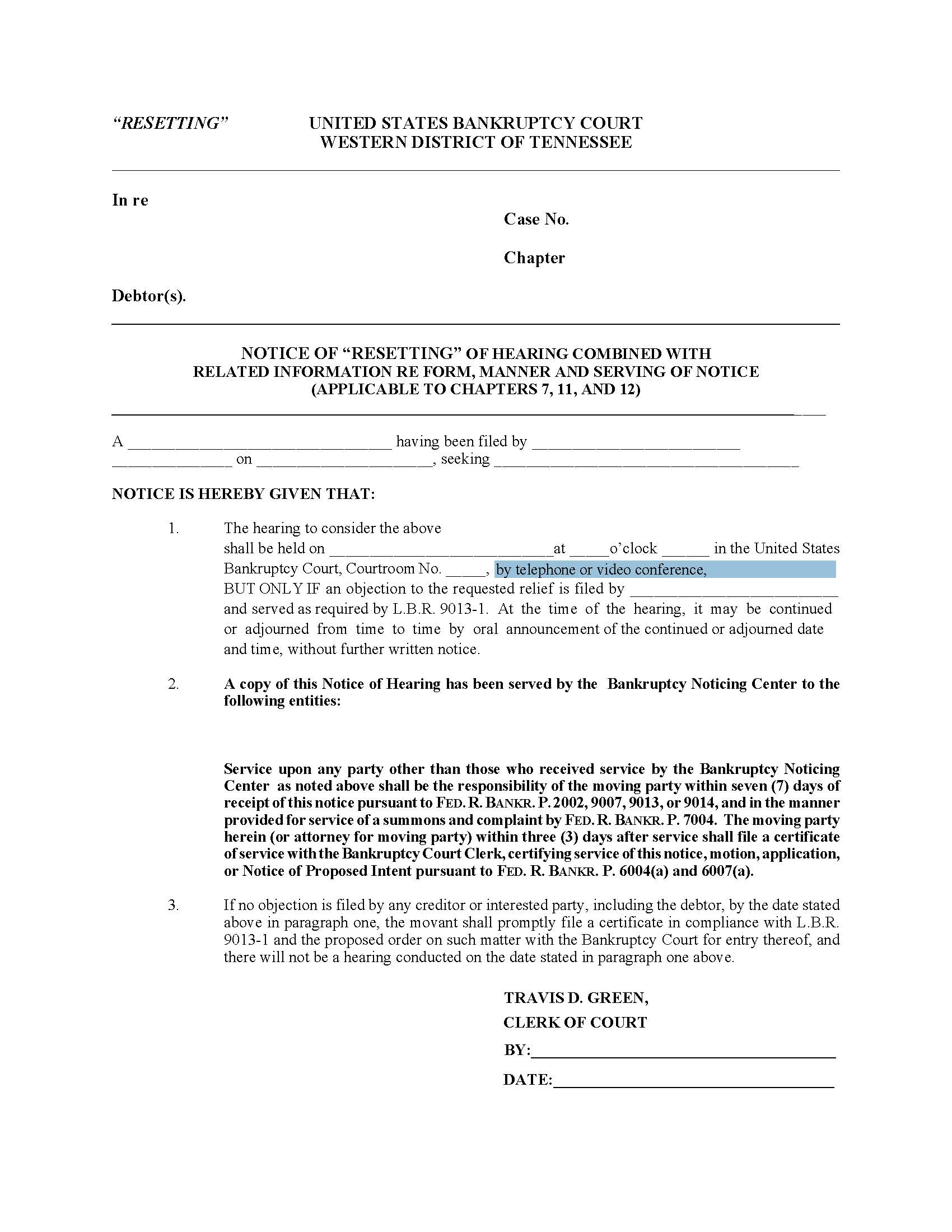 Notice Of Resetting Of Hearing {MISC021F} | Pdf Fpdf Docx | Tennessee