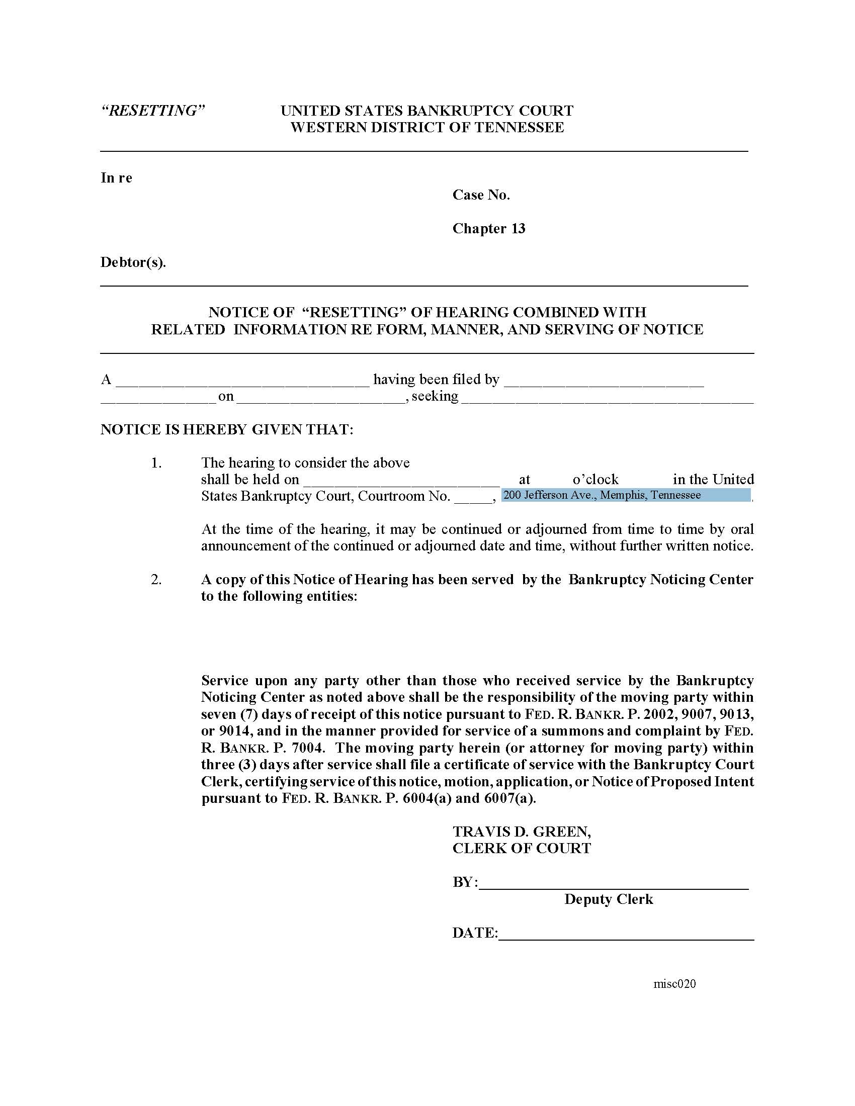 Notice Of Resetting Of Hearing Ch 13 {MISC020} | Pdf Fpdf Docx | Tennessee