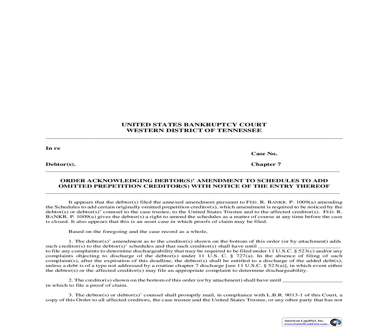 Order Acknowledging Debtors Amendment To Schedules - Assett {MISC055} | Pdf Fpdf Doc Docx | Tennessee