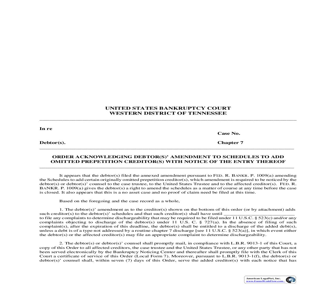 Order Acknowledging Debtors Amendment To Schedules To Add Omitted Prepetition Creditors With Notice Of The Entry {MISC008} | Pdf Fpdf Doc Docx | Tennessee