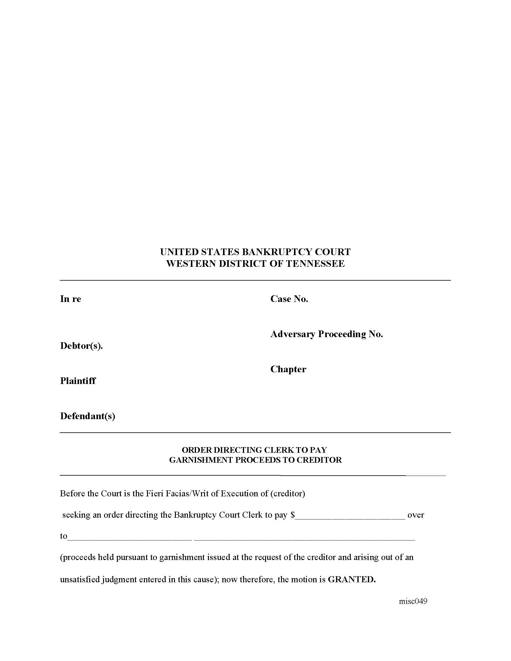 Order Directing Clerk To Pay Garnishment Proceeds To Creditor {MISC049} | Pdf Fpdf Docx | Tennessee