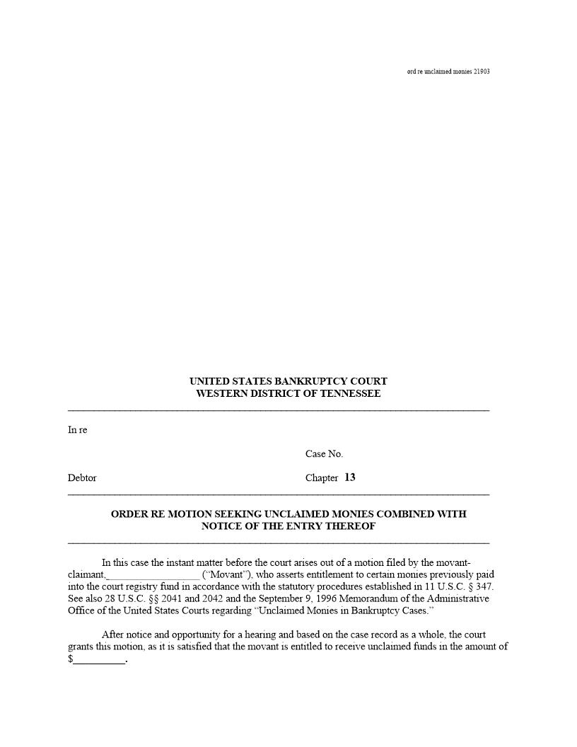 Order Re Motion Seeking Unclaimed Monies {MISC046} | Pdf Fpdf Doc Docx | Tennessee