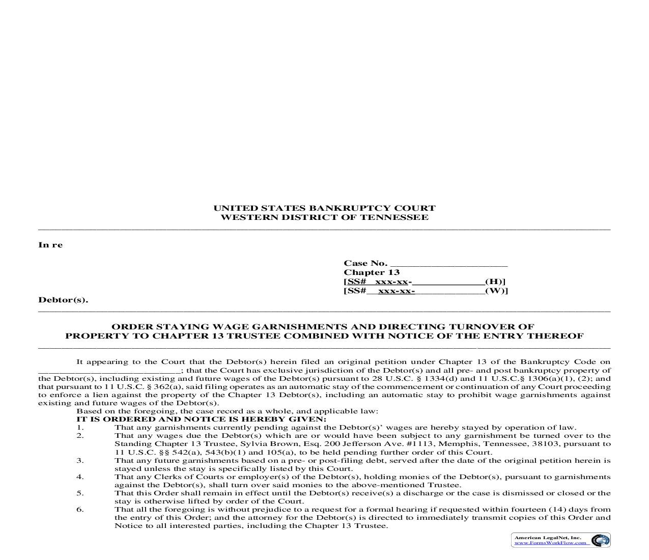 Order Staying Wage Garnishments And Directing Turnover Of Property  (Chapter 13) - Brown {MISC012MB} | Pdf Fpdf Doc Docx | Tennessee
