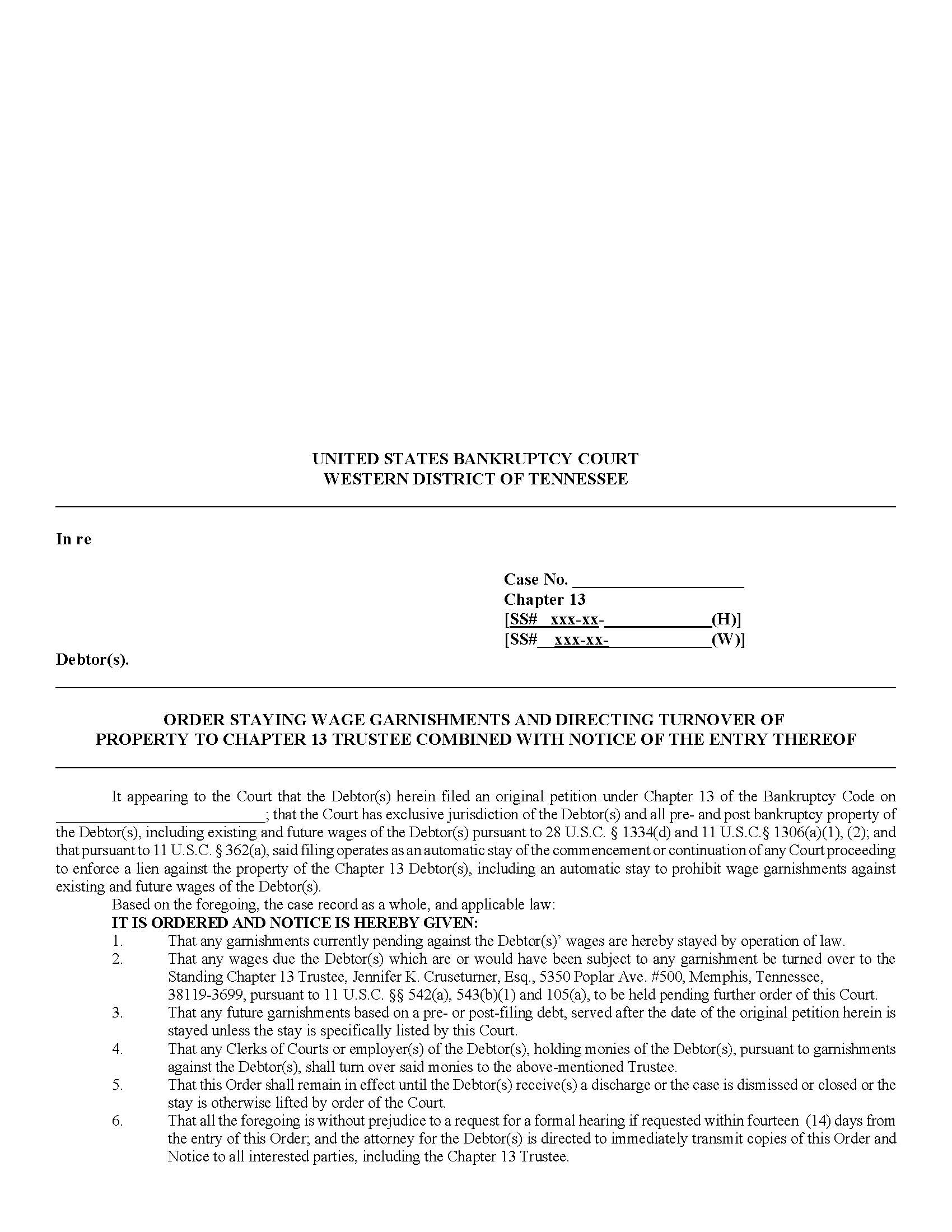 Order Staying Wage Garnishments And Directing Turnover Of Property (Chapter 13) Stevenson {MISC012MS} | Pdf Fpdf Doc Docx | Tennessee