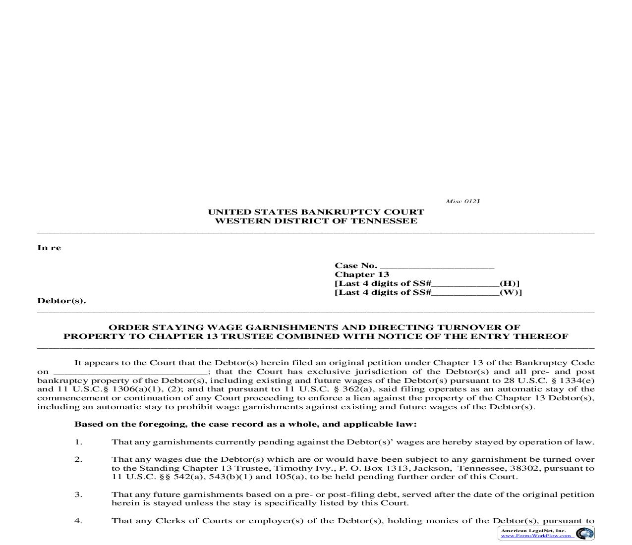 Order Staying Wage Garnishments And Directing Turnover Of Property (Chapter 13){MISC012J} | Pdf Fpdf Doc Docx | Tennessee
