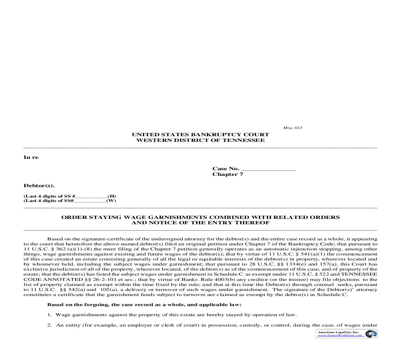 Order Staying Wage Garnishments And Directing Turnover Of Property (Chapter 7) {MISC013} | Pdf Fpdf Doc Docx | Tennessee