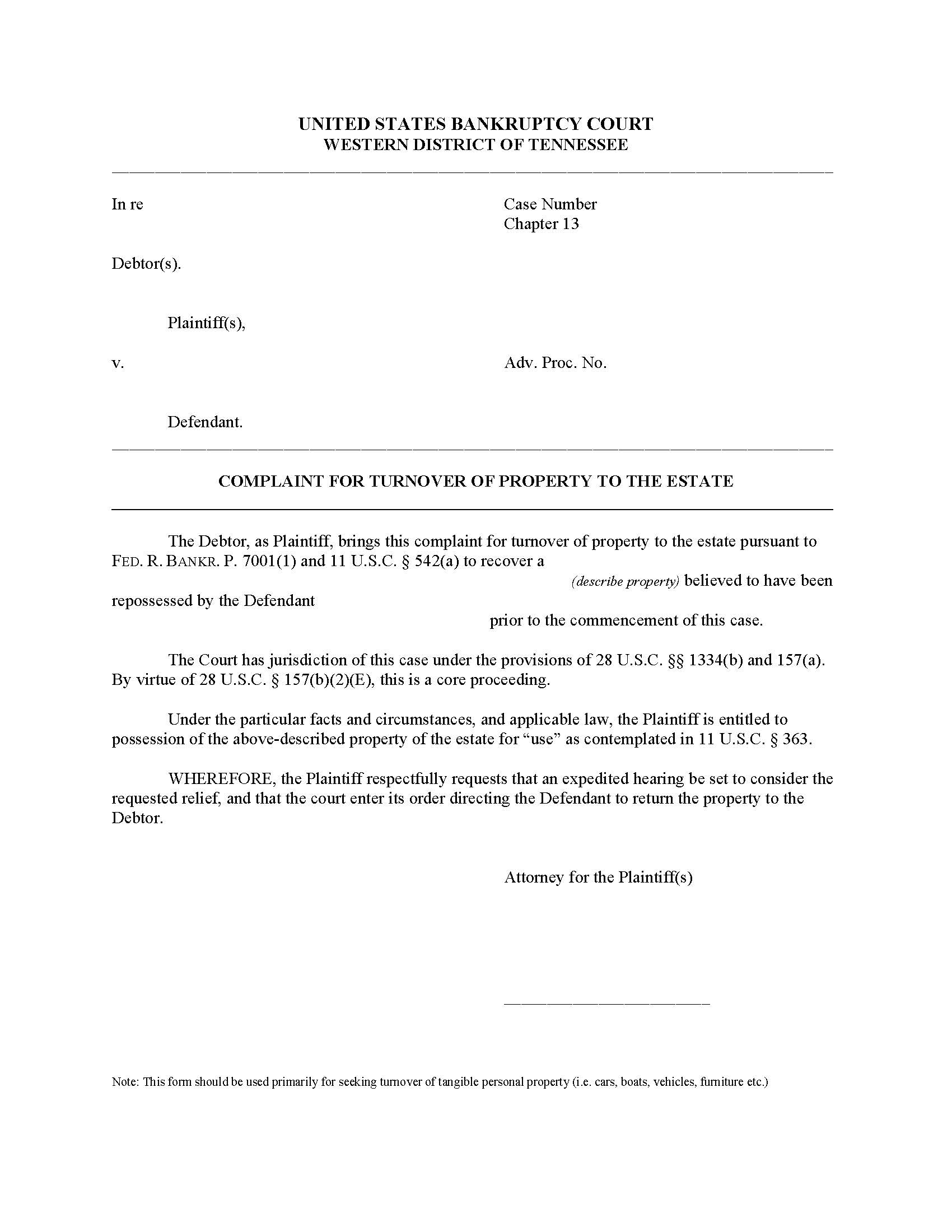 Plaintiffs Complaint For Turnover Of Property To The Estate {LF009ECF} | Pdf Fpdf Doc Docx | Tennessee