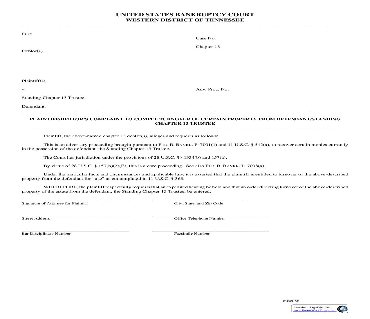 Plaintiffs-Debtors Complaint To Compel Turnover Of Certain Property From Defendant (13) {MISC058} | Pdf Fpdf Doc Docx | Tennessee
