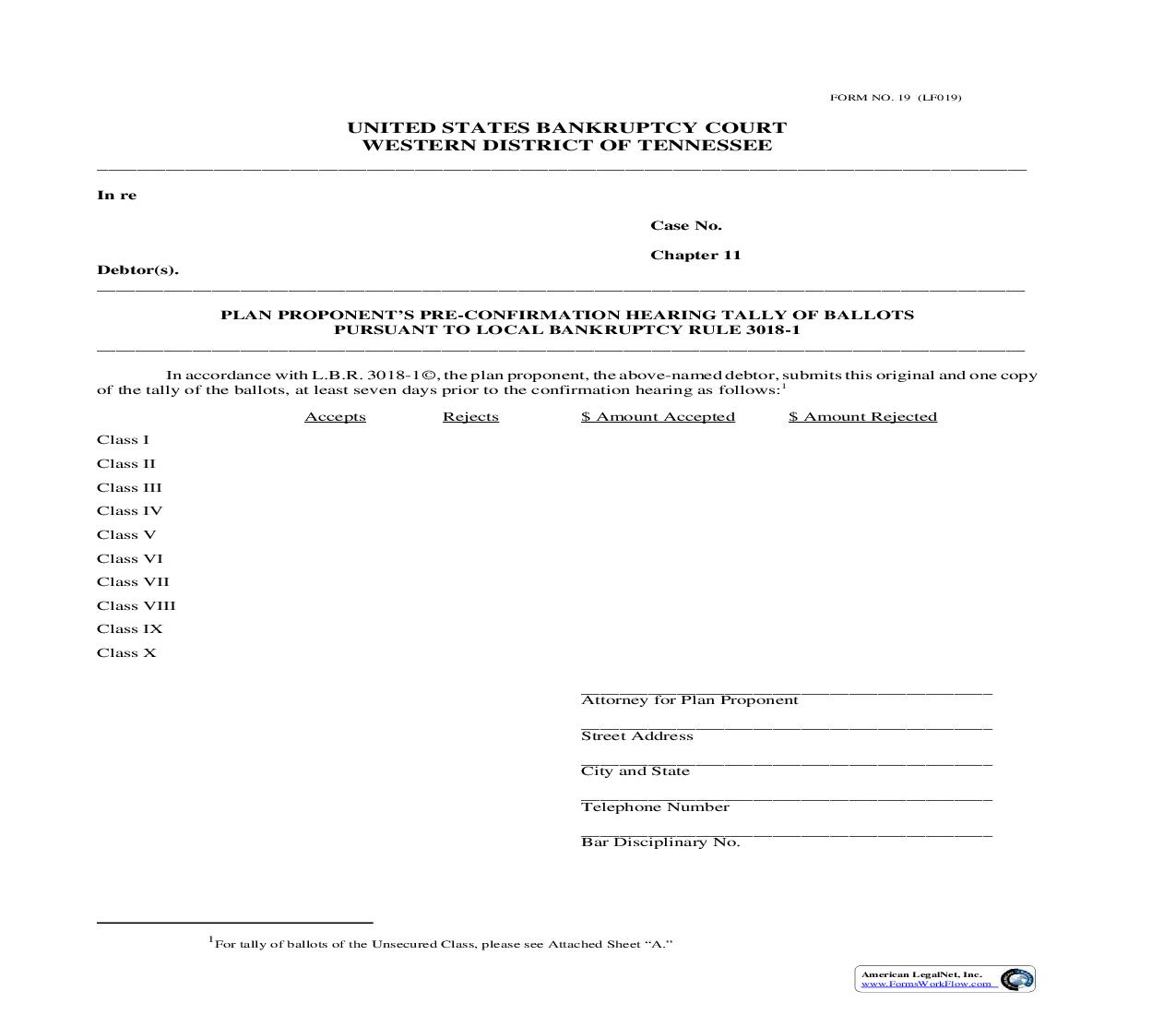 Plan Proponents Pre Confirmation Hearing Tally Of Ballots (Chapter 11) {LF019F} | Pdf Fpdf Doc Docx | Tennessee