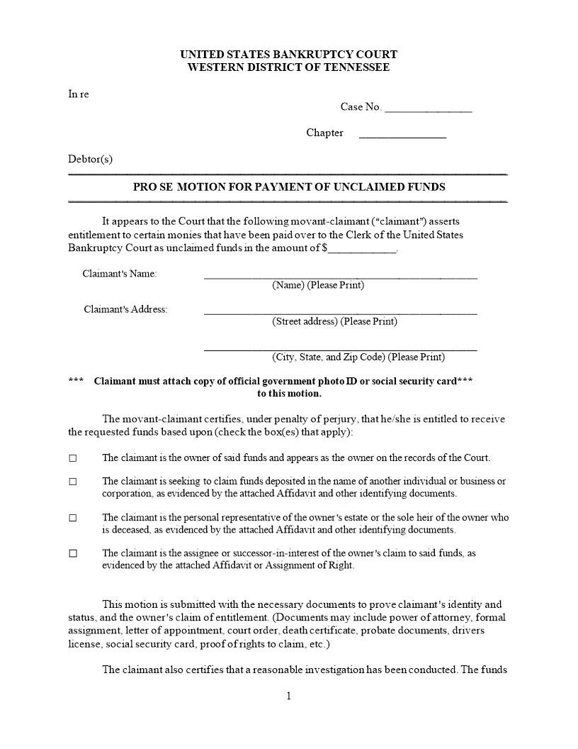 Pro Se Motion For Payment Of Unclaimed Funds {LF029} | Pdf Fpdf Docx | Tennessee