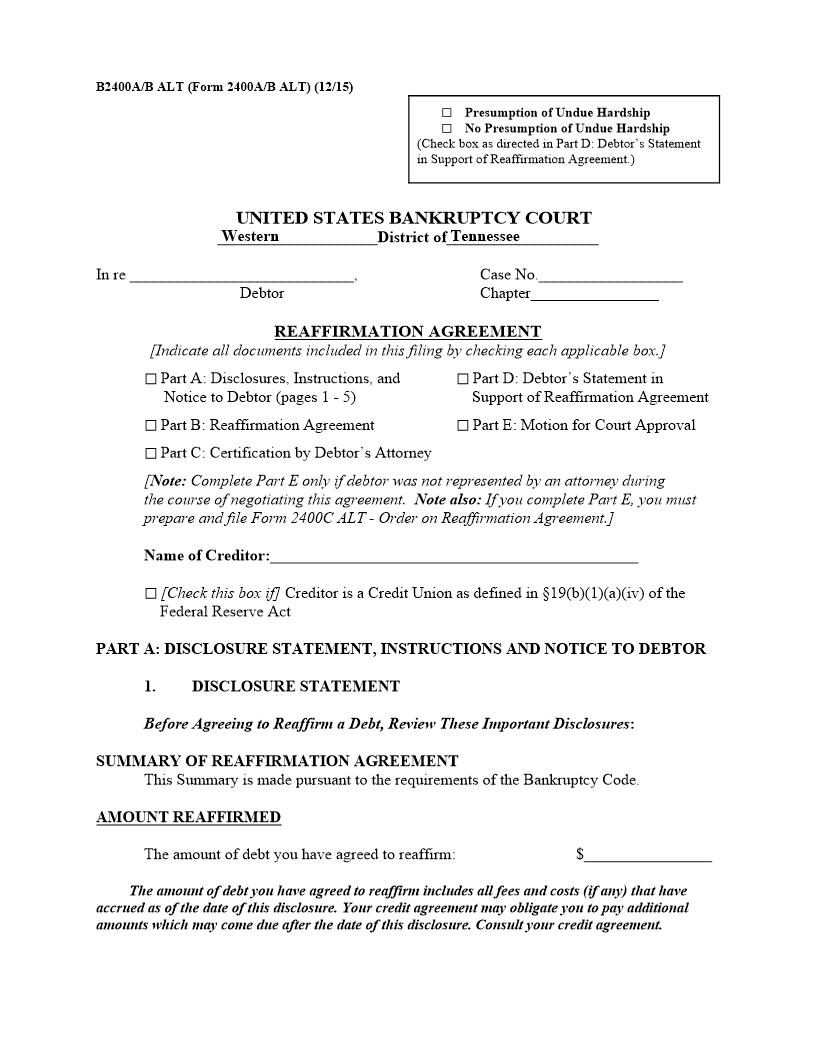 Reaffirmation Agreement {AOB2400CALT} | Pdf Fpdf Docx | Tennessee