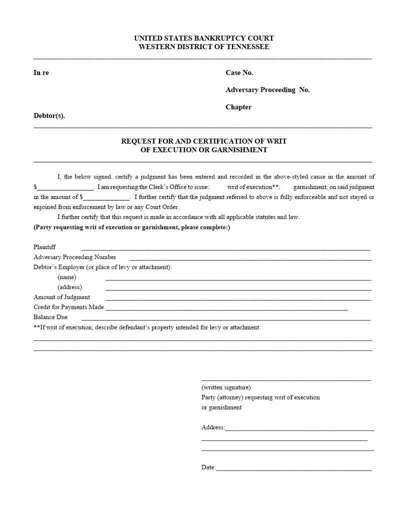 Request For And Certification Of Writ Of Execution Or Garnishments {MISC028F} | Pdf Fpdf Doc Docx | Tennessee