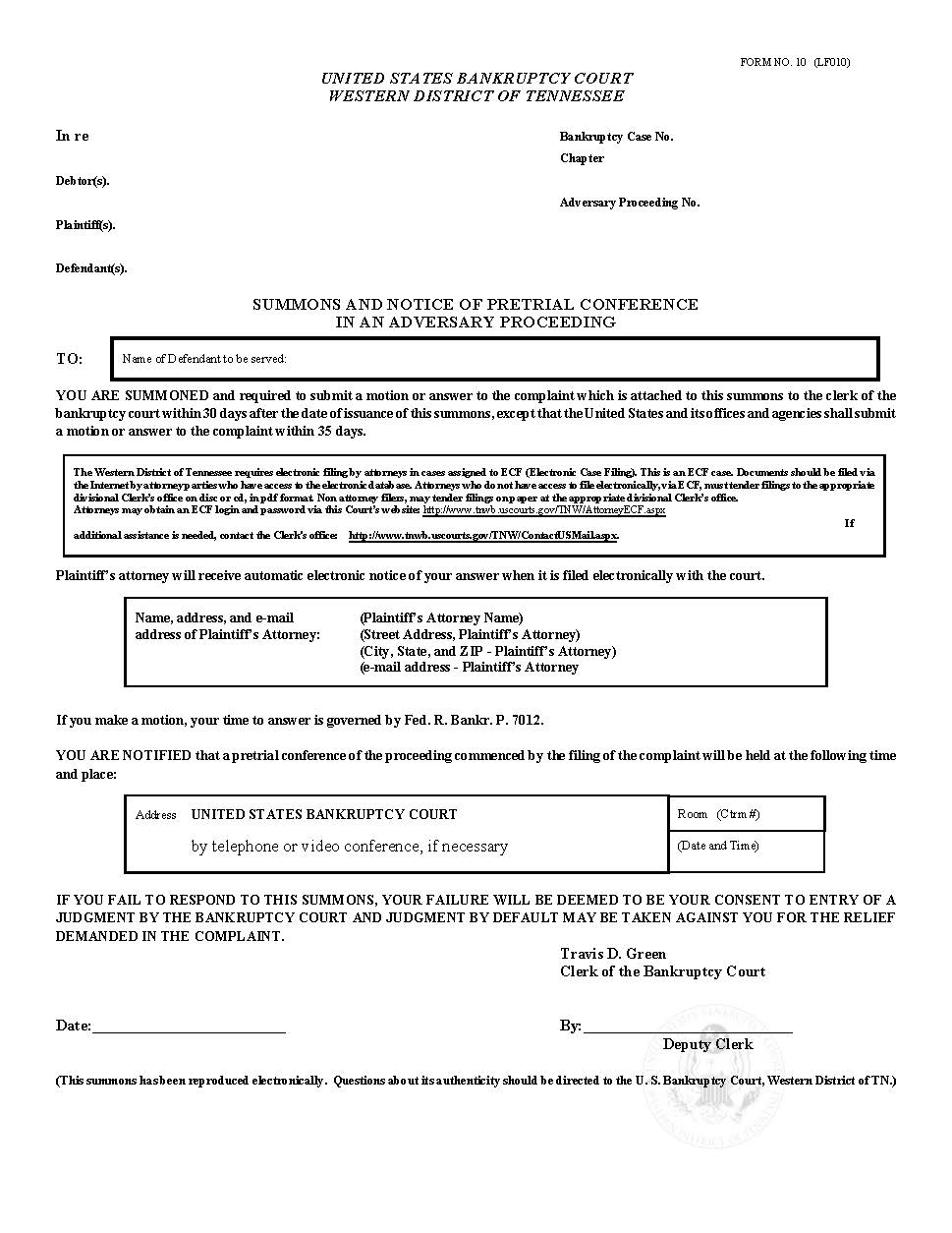 Summons And Notice Of Pretrial Conference In An Adversary Proceeding (Blank Form) {LF010} | Pdf Fpdf Doc Docx | Tennessee