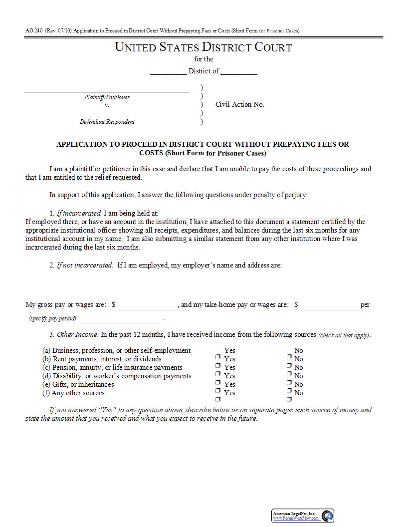 Application To Proceed In District Court Without Prepaying (Short Form For Prisoner Cases) {AO 240} |  | Tennessee