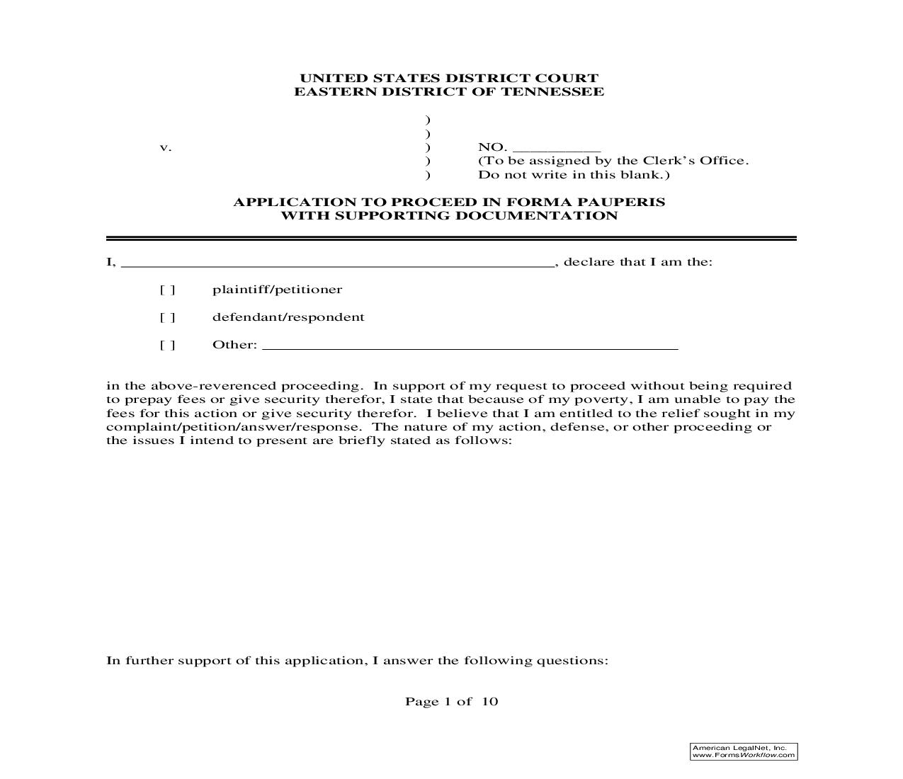 Application To Proceed In Forma Pauperis With Supporting Documentation | Pdf Fpdf Doc Docx | Tennessee