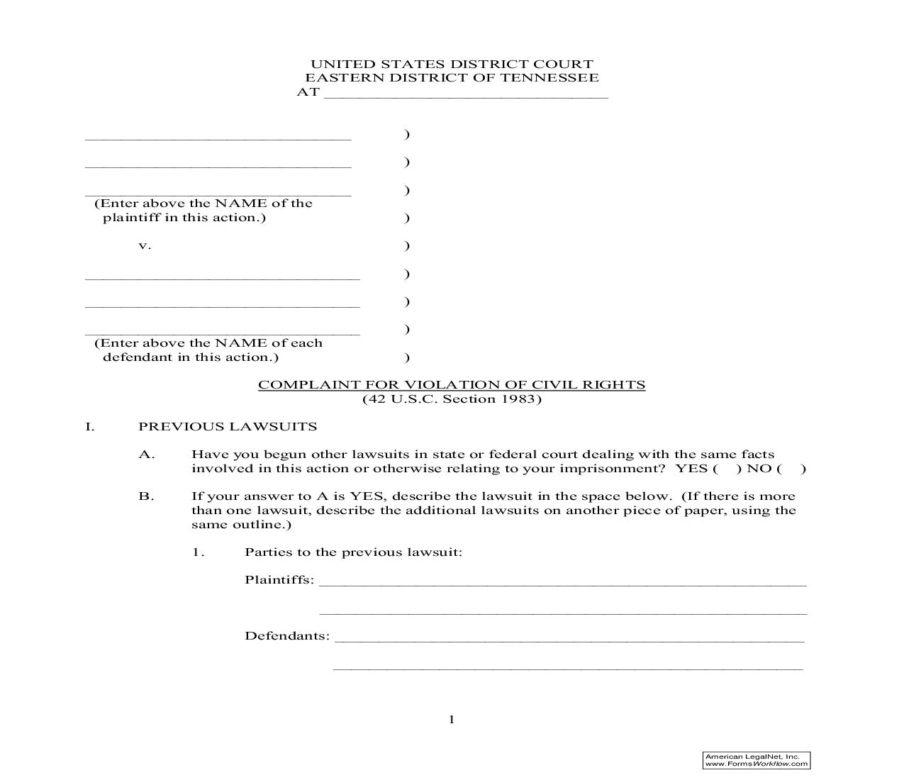 Complaint For Violation Of Civil Rights | Pdf Fpdf Doc Docx | Tennessee