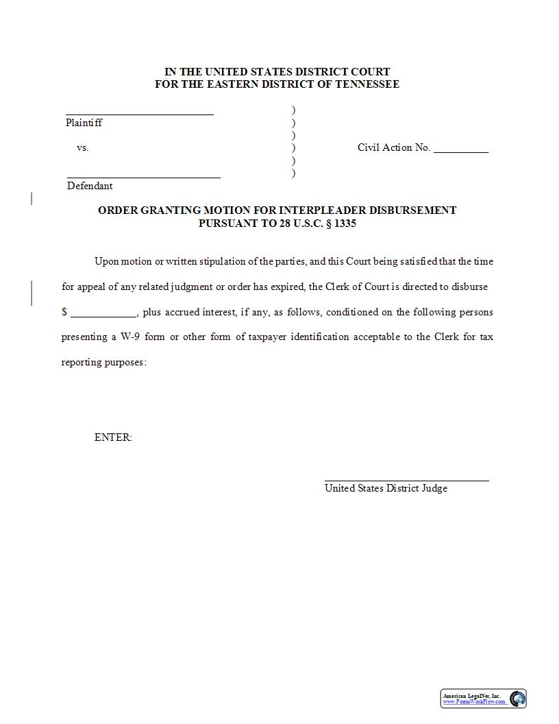 Order Granting Interpleader Disbursement | Pdf Fpdf Docx | Tennessee