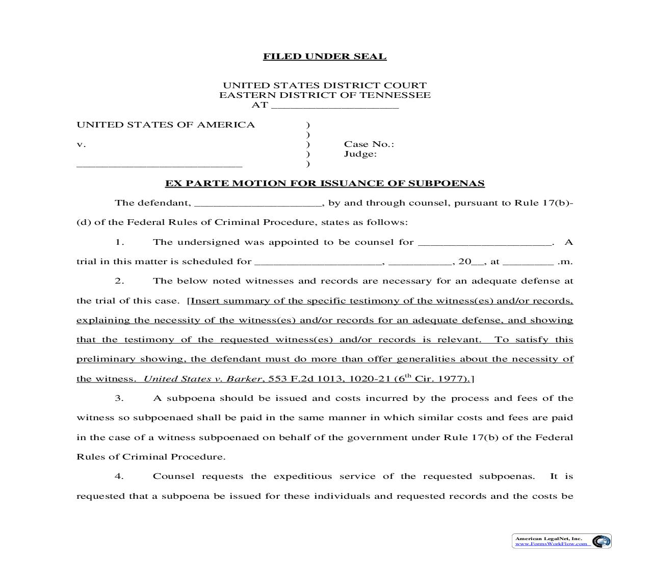 Ex Parte Motion For Issuance Of Subpoenas | Pdf Fpdf Doc Docx | Tennessee