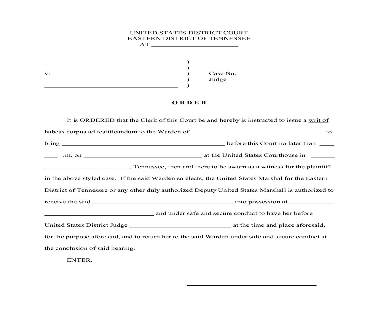 Order (Writ Of Habeas Corpus Ad Testificandum) | Pdf Fpdf Doc Docx | Tennessee