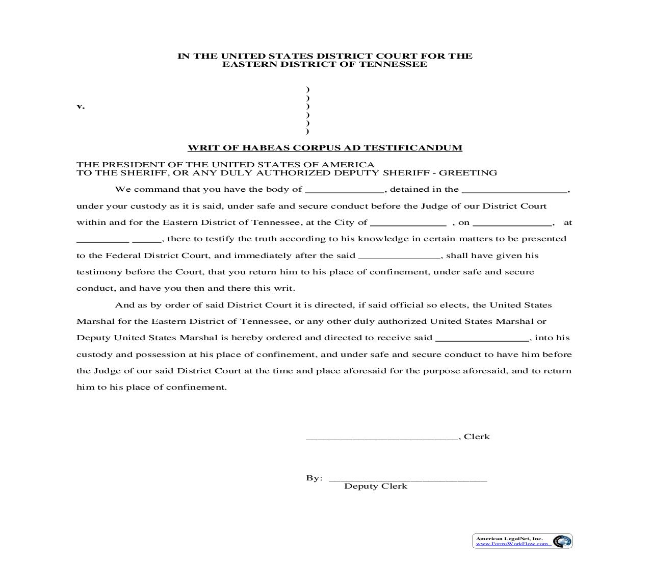 Writ Of Habeas Corpus Ad Testificandum | Pdf Fpdf Doc Docx | Tennessee
