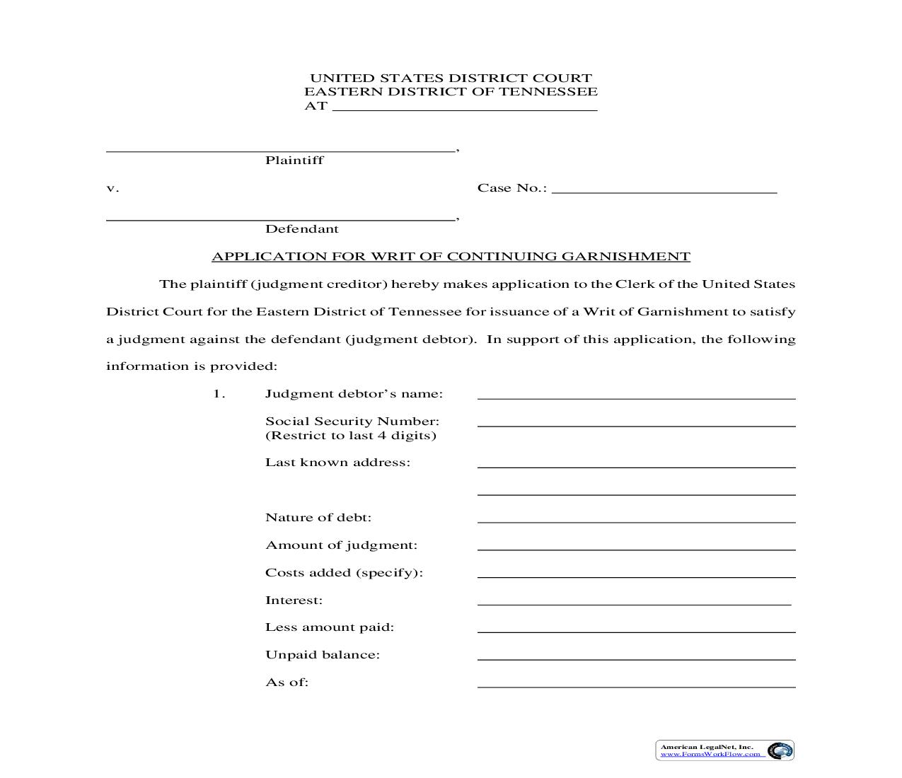 Application For Writ Of Continuing Garnishment | Pdf Fpdf Doc Docx | Tennessee
