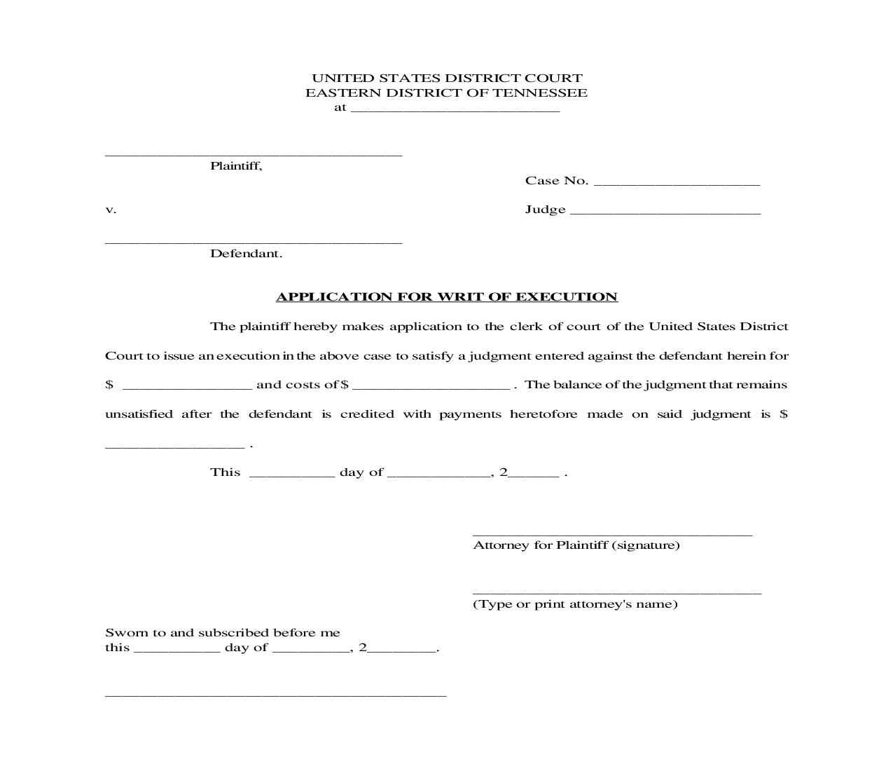Application For Writ Of Execution | Pdf Fpdf Doc Docx | Tennessee