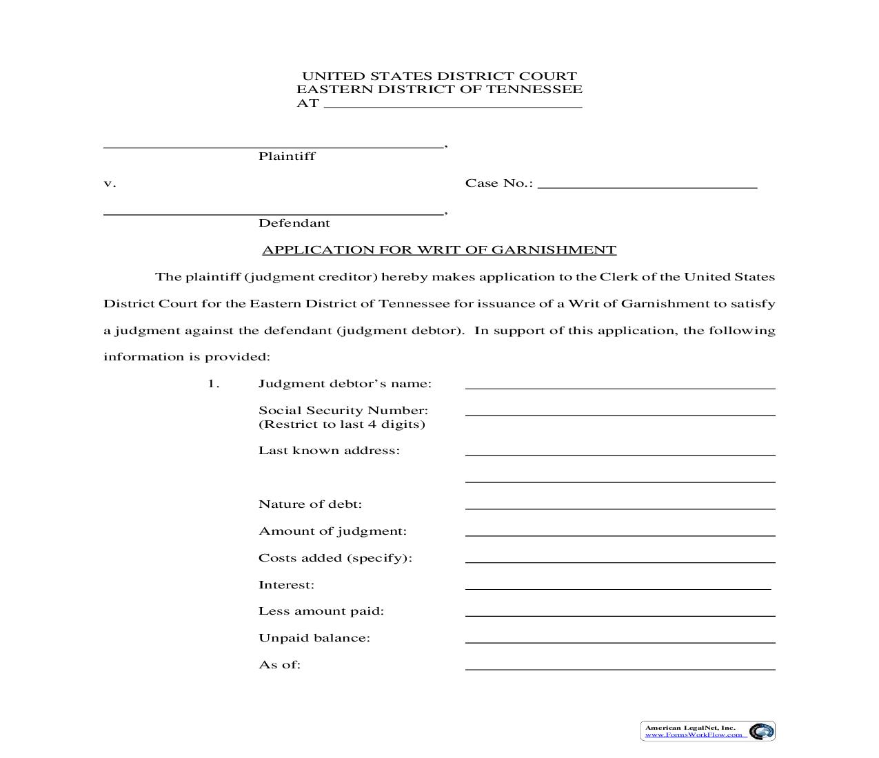 Application For Writ Of Garnishment | Pdf Fpdf Doc Docx | Tennessee