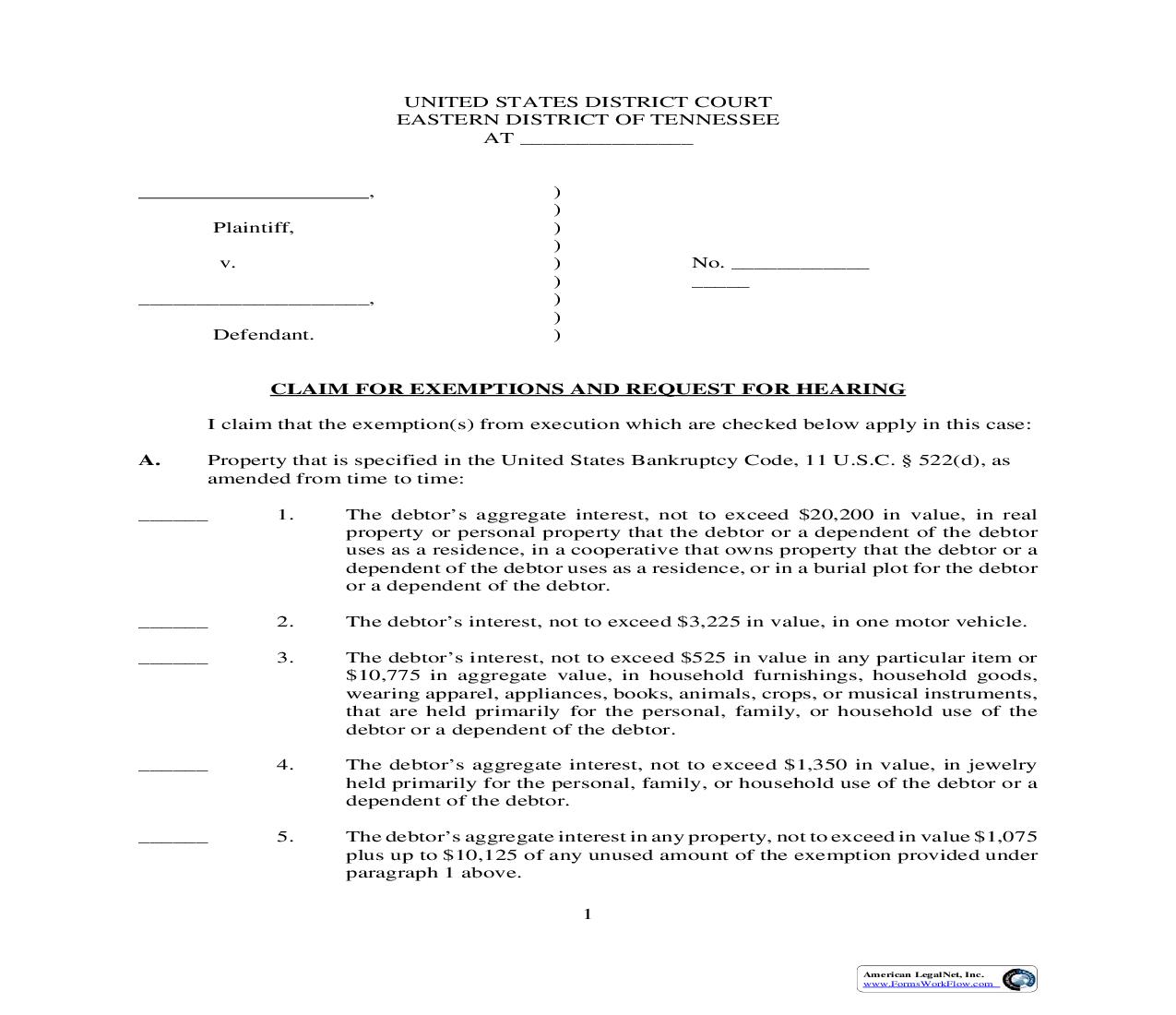 Claim For Exemptions | Pdf Fpdf Doc Docx | Tennessee