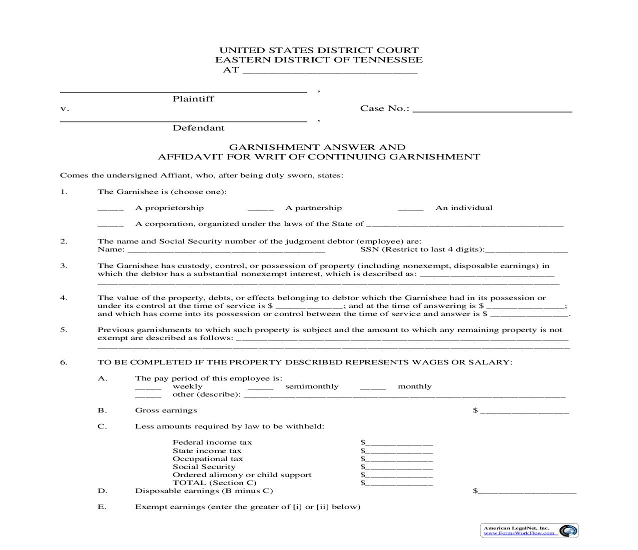 Continuing Garnishment Answer | Pdf Fpdf Doc Docx | Tennessee