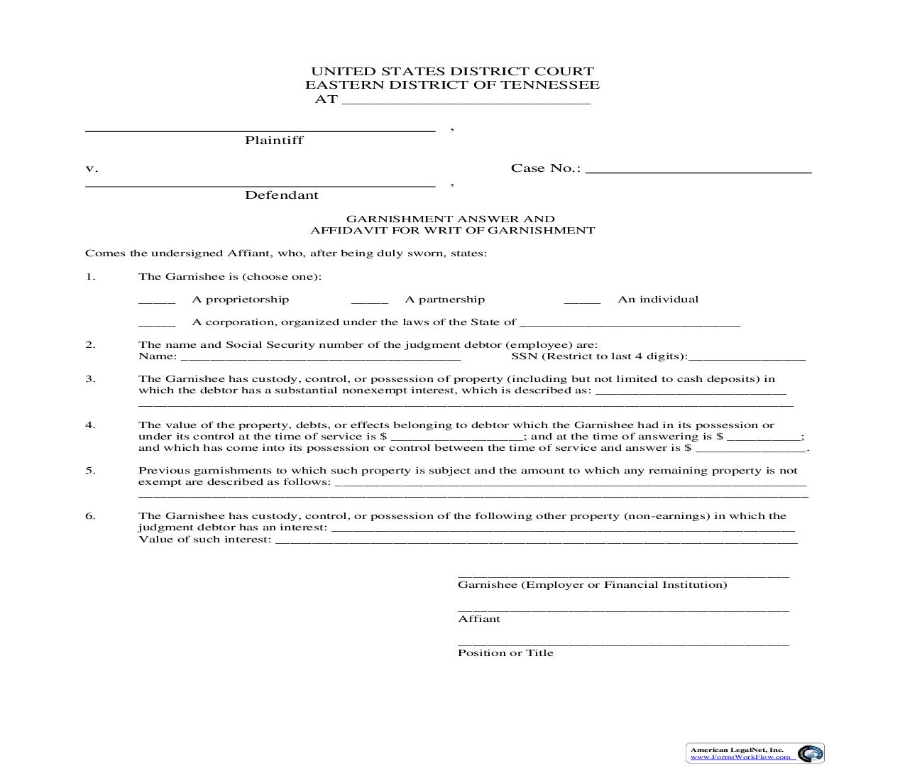 Garnishment Answer | Pdf Fpdf Doc Docx | Tennessee