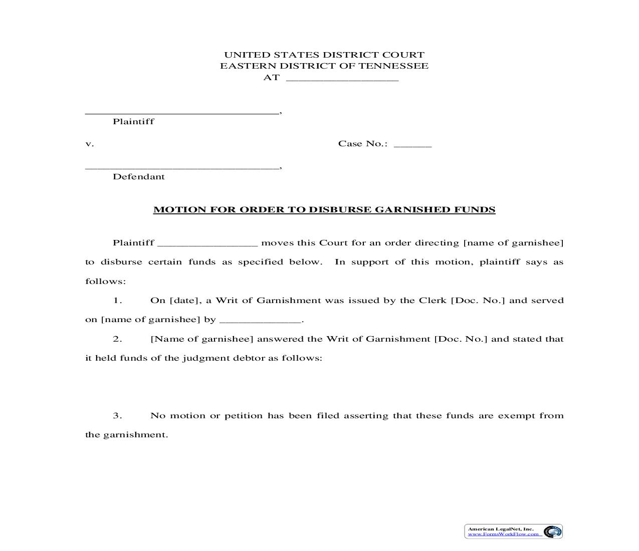 Motion For Order To Disburse Garnished Funds | Pdf Fpdf Doc Docx | Tennessee