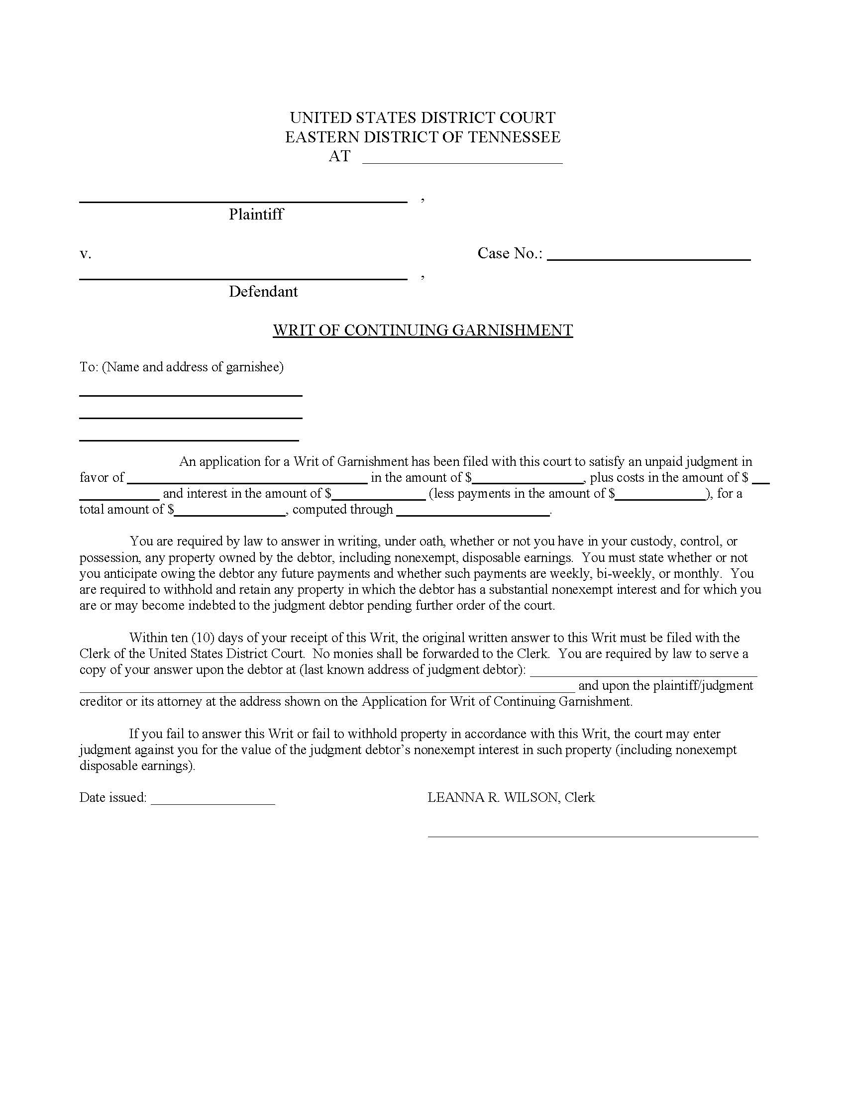 Writ Of Continuing Garnishment | Pdf Fpdf Doc Docx | Tennessee