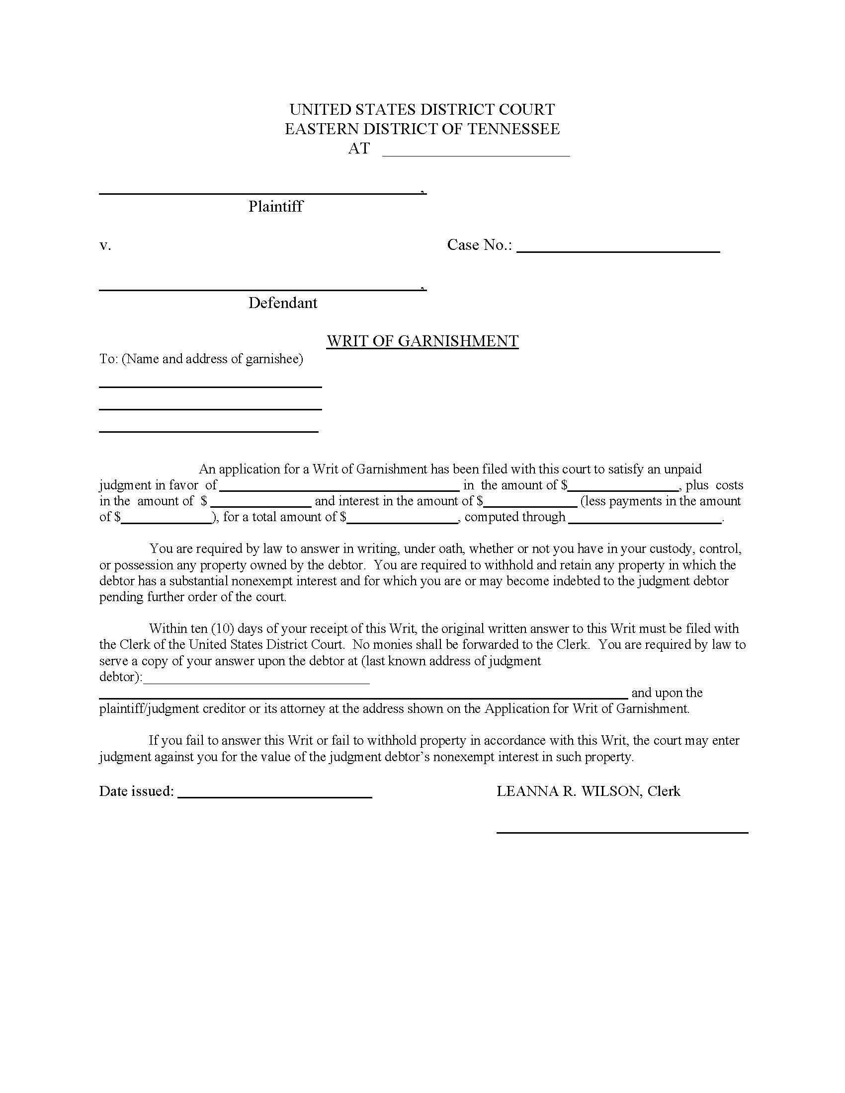 Writ Of Garnishment | Pdf Fpdf Doc Docx | Tennessee