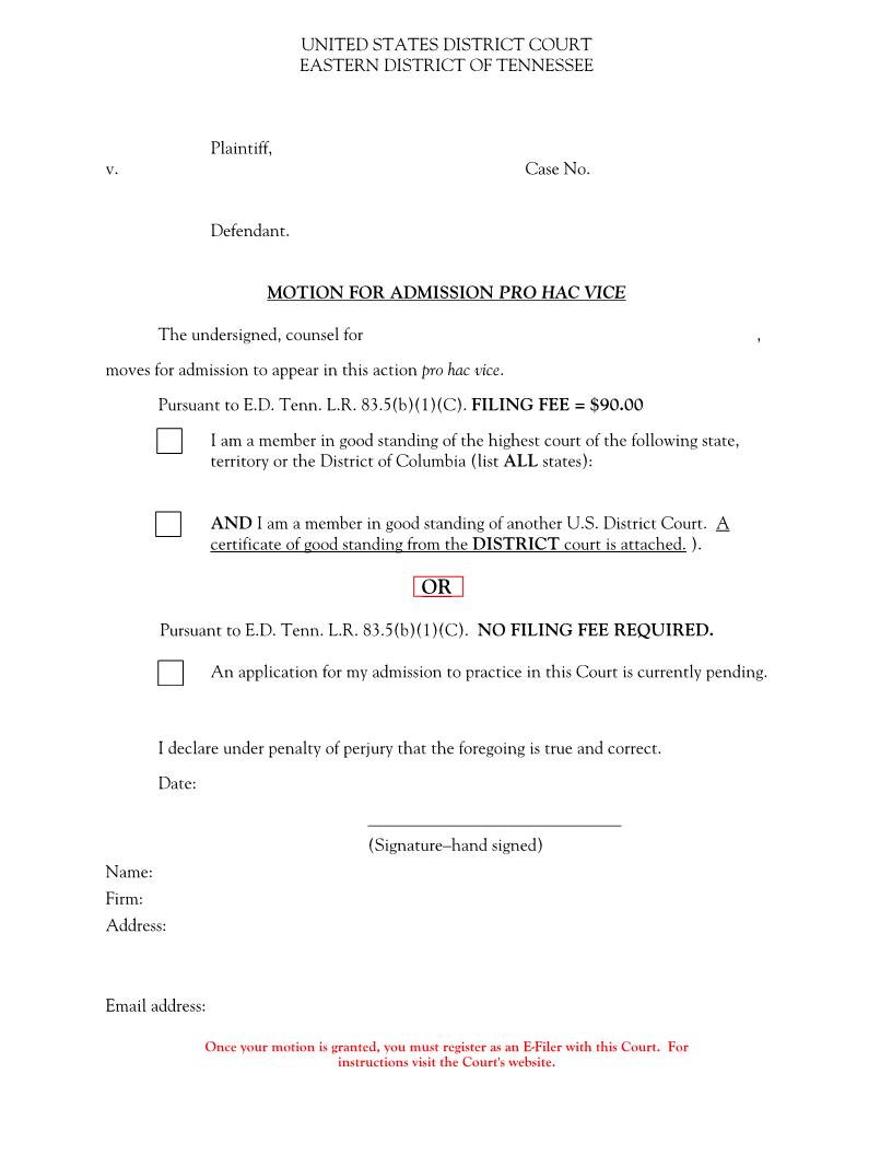 Motion For Admission Pro Hac Vice | Pdf Fpdf Doc Docx | Tennessee