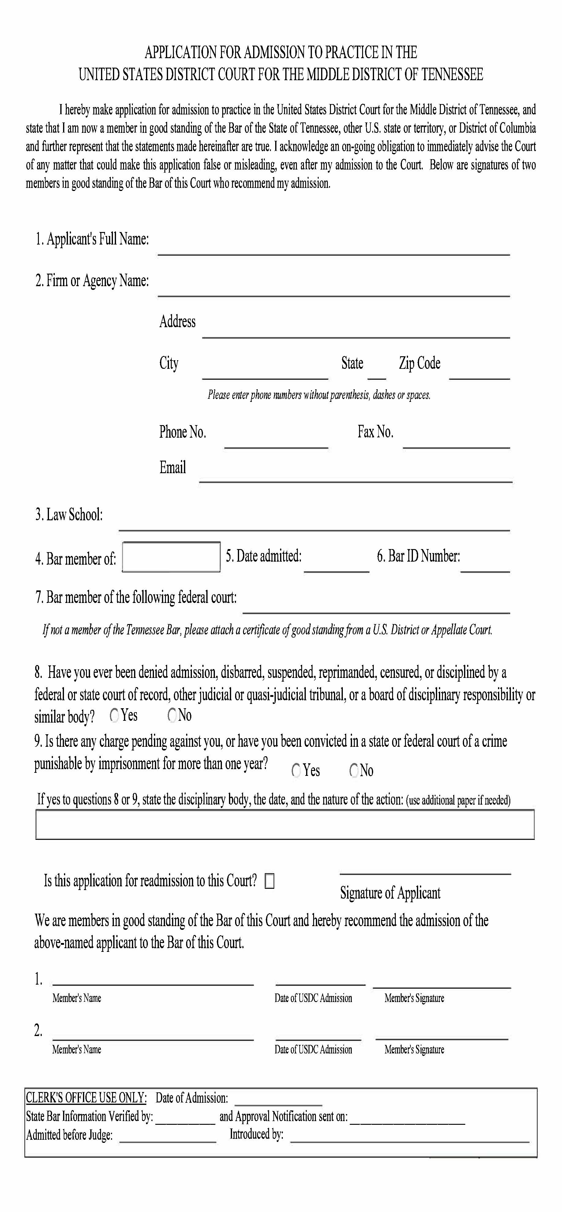 Application For Admission To Practice | Pdf Fpdf Docx | Tennessee