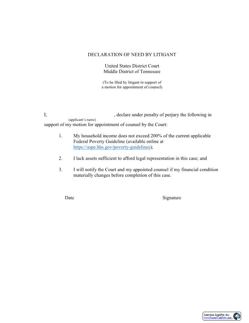 Declaration Of Need By Litigant | Pdf Fpdf Docx | Tennessee