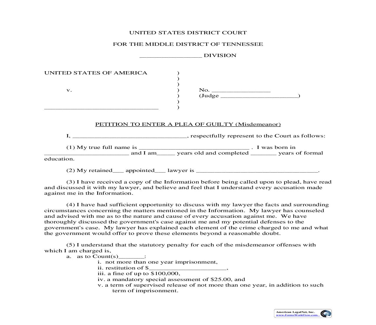 Misdemeanor Plea Petition | Pdf Fpdf Doc Docx | Tennessee