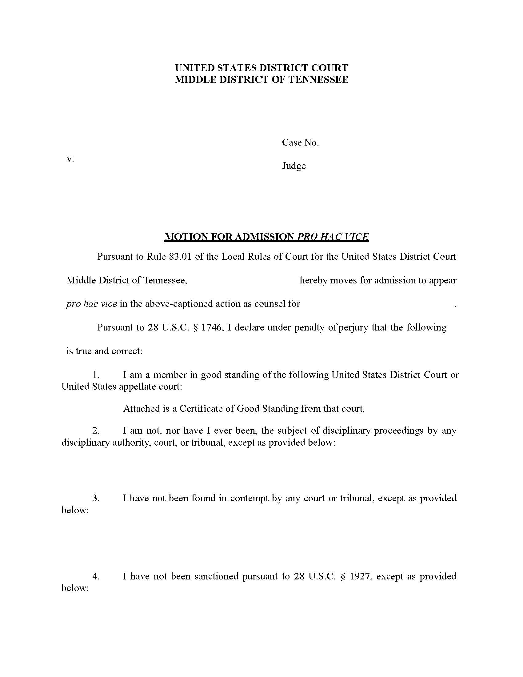 Motion To Appear Pro Hac Vice | Pdf Fpdf Docx | Tennessee