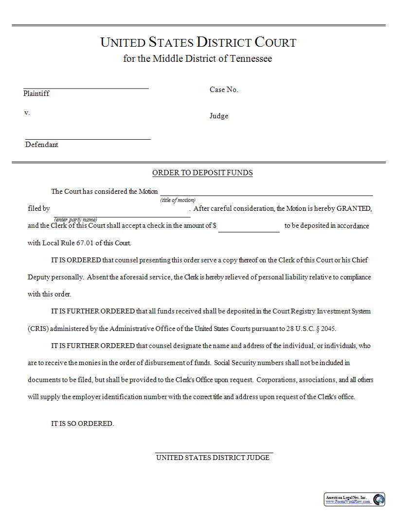 Order To Deposit Funds | Pdf Fpdf Docx | Tennessee