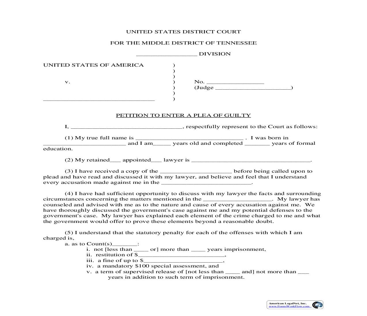 Petition To Enter Plea Of Guilty | Pdf Fpdf Doc Docx | Tennessee