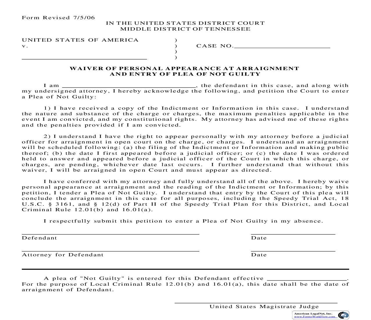 Waiver Of Personal Appearance At Arraignment | Pdf Fpdf Doc Docx | Tennessee