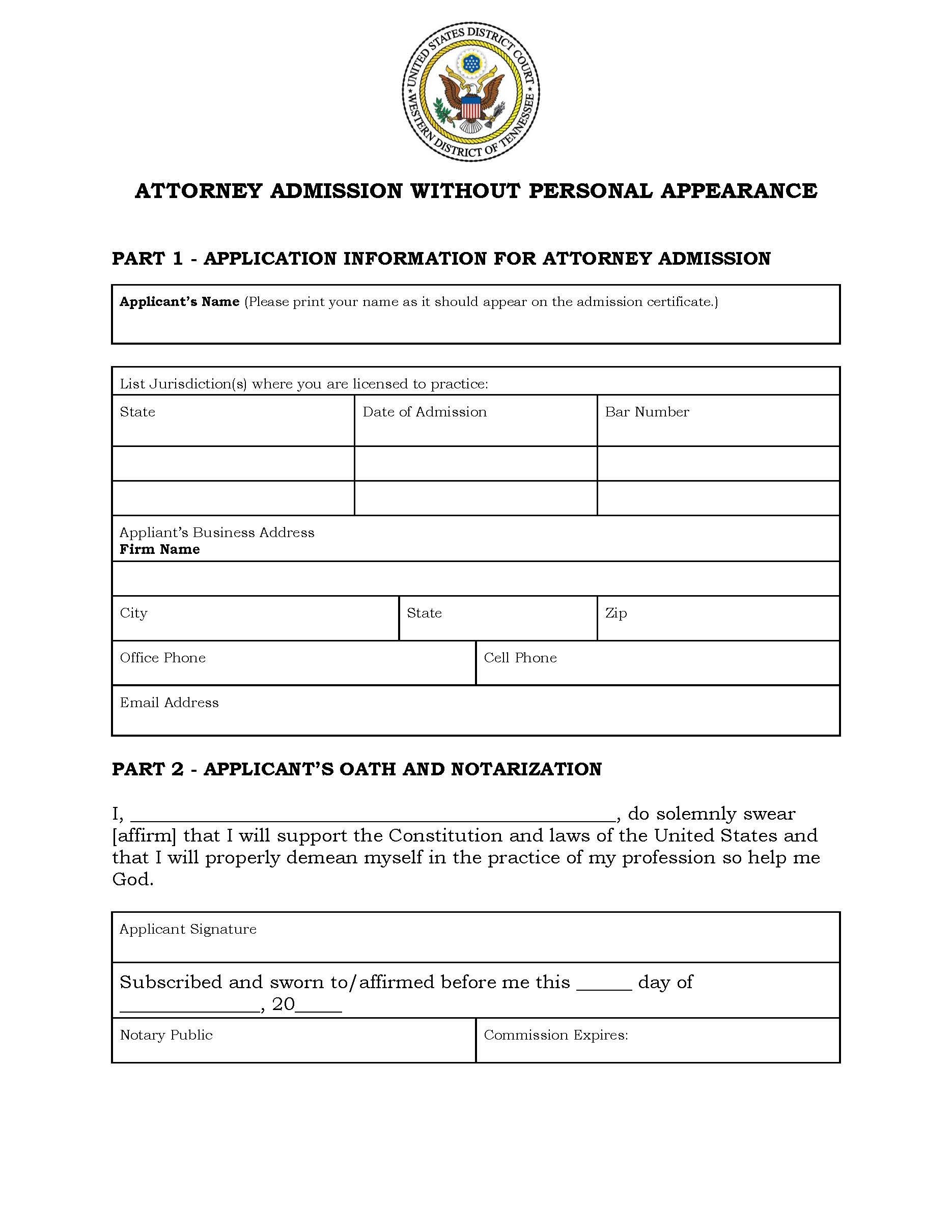 Attorney Admission Without Personal Appearance | Pdf Fpdf Doc Docx | Tennessee